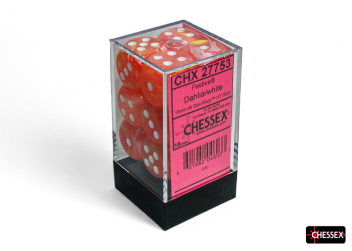 Festive Dahlia/white 16mm d6 Dice Block (12 dice) (Chessex) (27753)