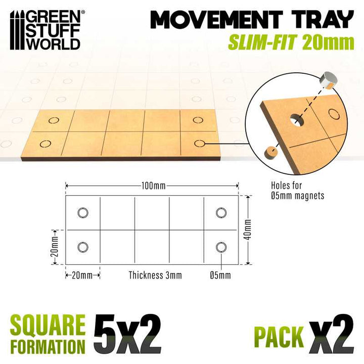 MDF Movement Trays 20mm - Slimfit Square 100x40mm (5x2) (Green Stuff World)