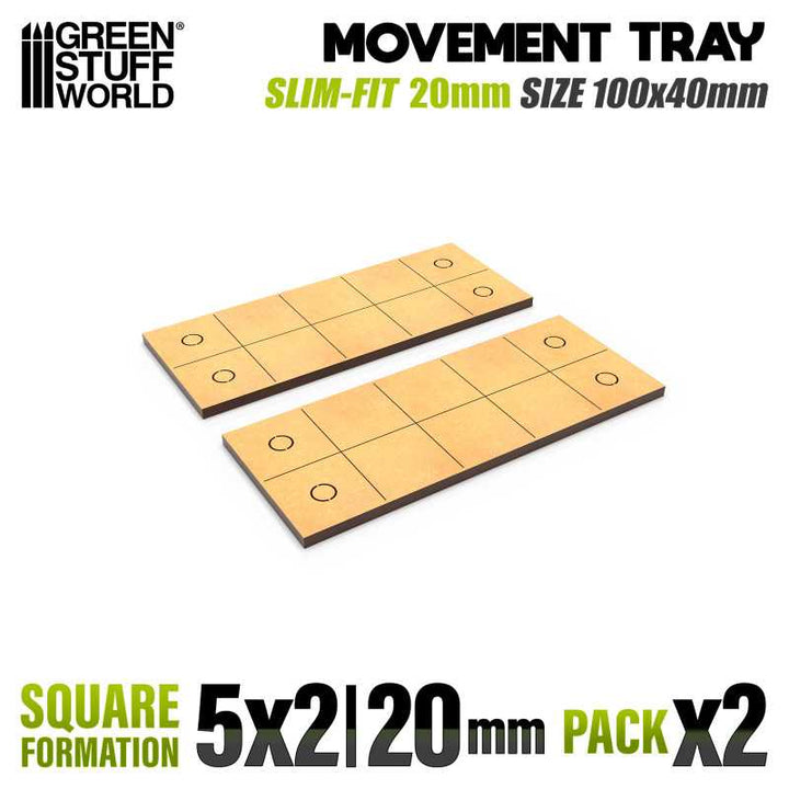 MDF Movement Trays 20mm - Slimfit Square 100x40mm (5x2) (Green Stuff World)