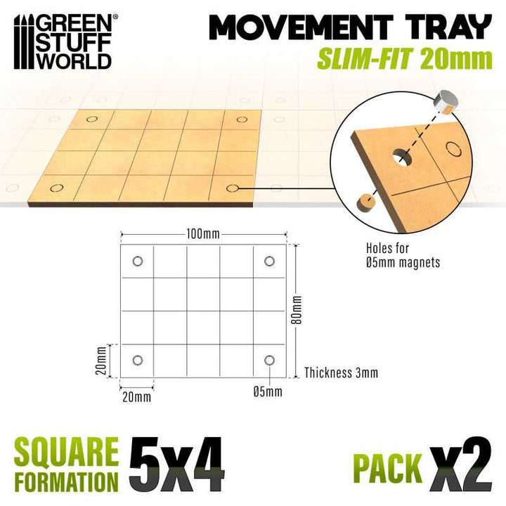 MDF Movement Trays 20mm - Slimfit Square 100x80mm (5x4) (Green Stuff World)