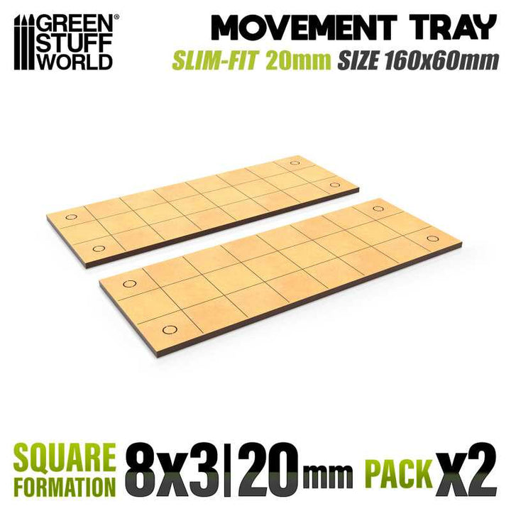 MDF Movement Trays 20mm - Slimfit Square 160x60mm (8x3) (Green Stuff World)