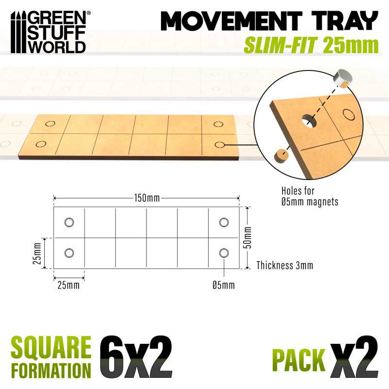 MDF Movement Trays 25mm - Slimfit Square 150x50mm (Green Stuff World)