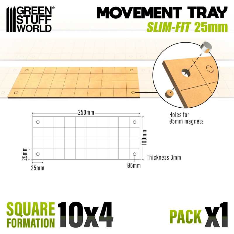 MDF Movement Trays 25mm - Slimfit Square 250x100mm (10x4) (Green Stuff World)