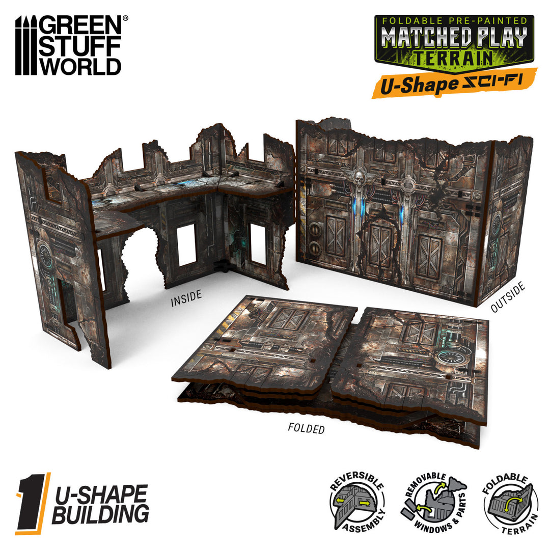 Matched Play Pre-Painted Foldable U-shaped Ruin - Sci-fi (Green Stuff World)