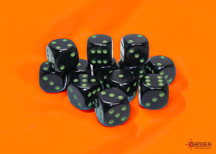Opaque Black/green 16mm d6 Dice Block (12 dice) (Chessex) (25658)