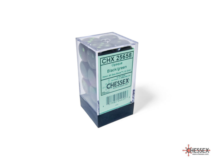Opaque Black/green 16mm d6 Dice Block (12 dice) (Chessex) (25658)