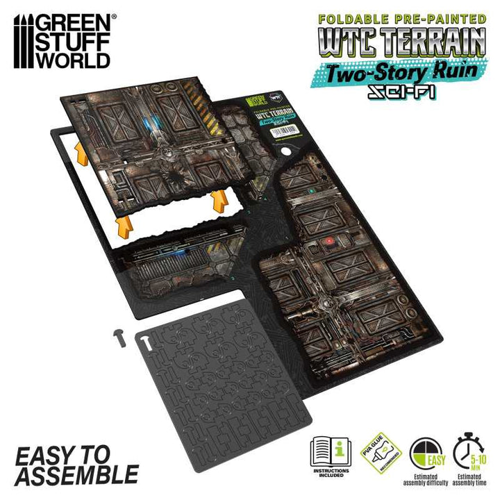 Pre-Painted Foldable Two-Story WTC Terrain Ruin - Sci-fi (Green Stuff World)