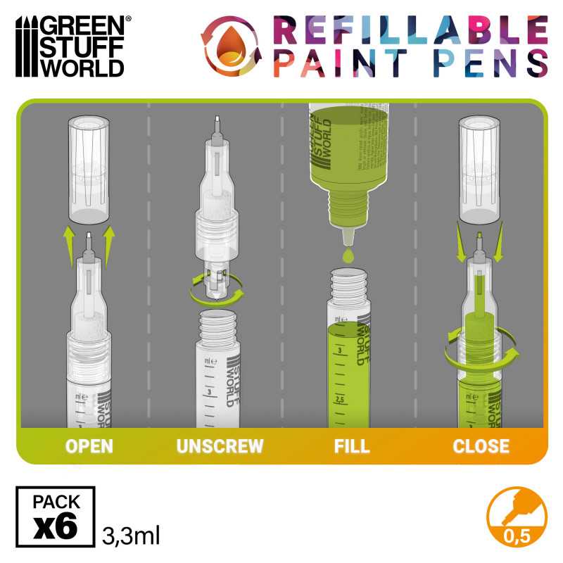 Refillable paint pen 0.5 (pack x6) (Green Stuff World)