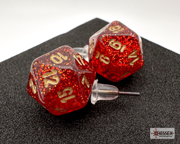Stud Earrings Glitter Ruby Mini-Poly d20 Pair (Chessex) (54508)