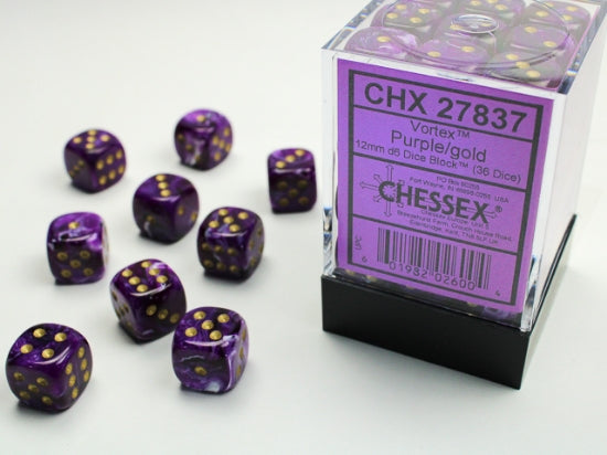 Vortex Purple/gold 12mm d6 Dice Block (36 dice) (Chessex) (27837)
