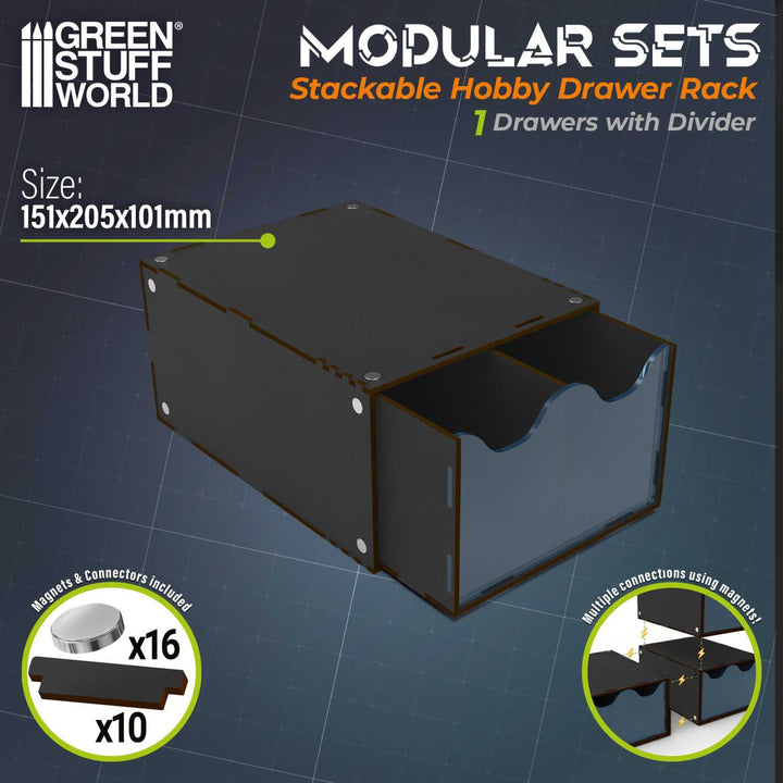 Half Stackable hobby drawer rack with 2 vertical drawers and magnets - Black (Green Stuff World)