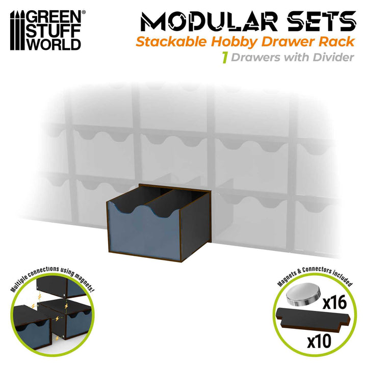 Half Stackable hobby drawer rack with 2 vertical drawers and magnets - Black (Green Stuff World)