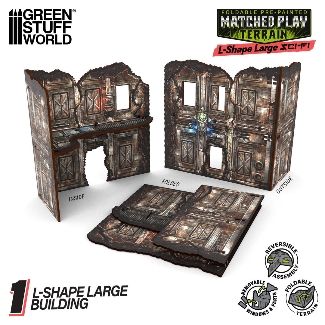 Matched Play Pre-Painted Foldable Large L-shaped Ruin - Sci-fi (Green Stuff World)