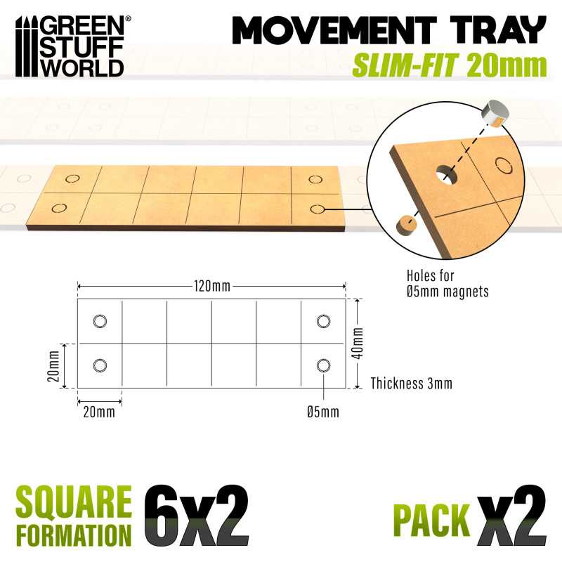 MDF Movement Trays - Slimfit Square 20 mm 120x40mm (Green Stuff World)