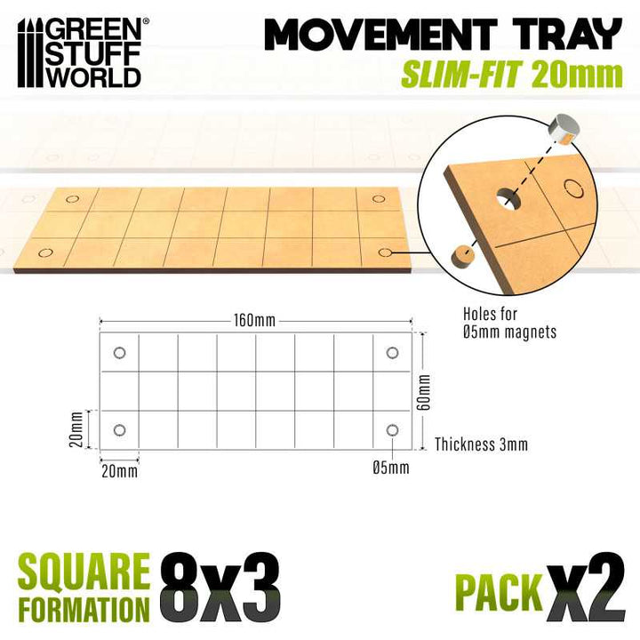 MDF Movement Trays 20mm - Slimfit Square 160x60mm (8x3) (Green Stuff World)