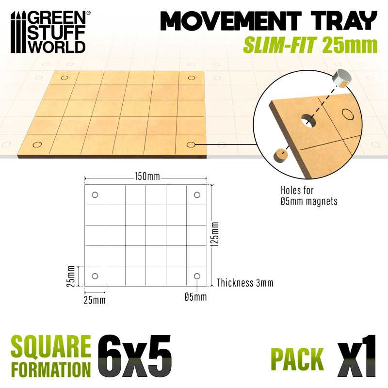 MDF Movement Trays 25mm - Slimfit Square 150x125mm (6x5) (Green Stuff World)