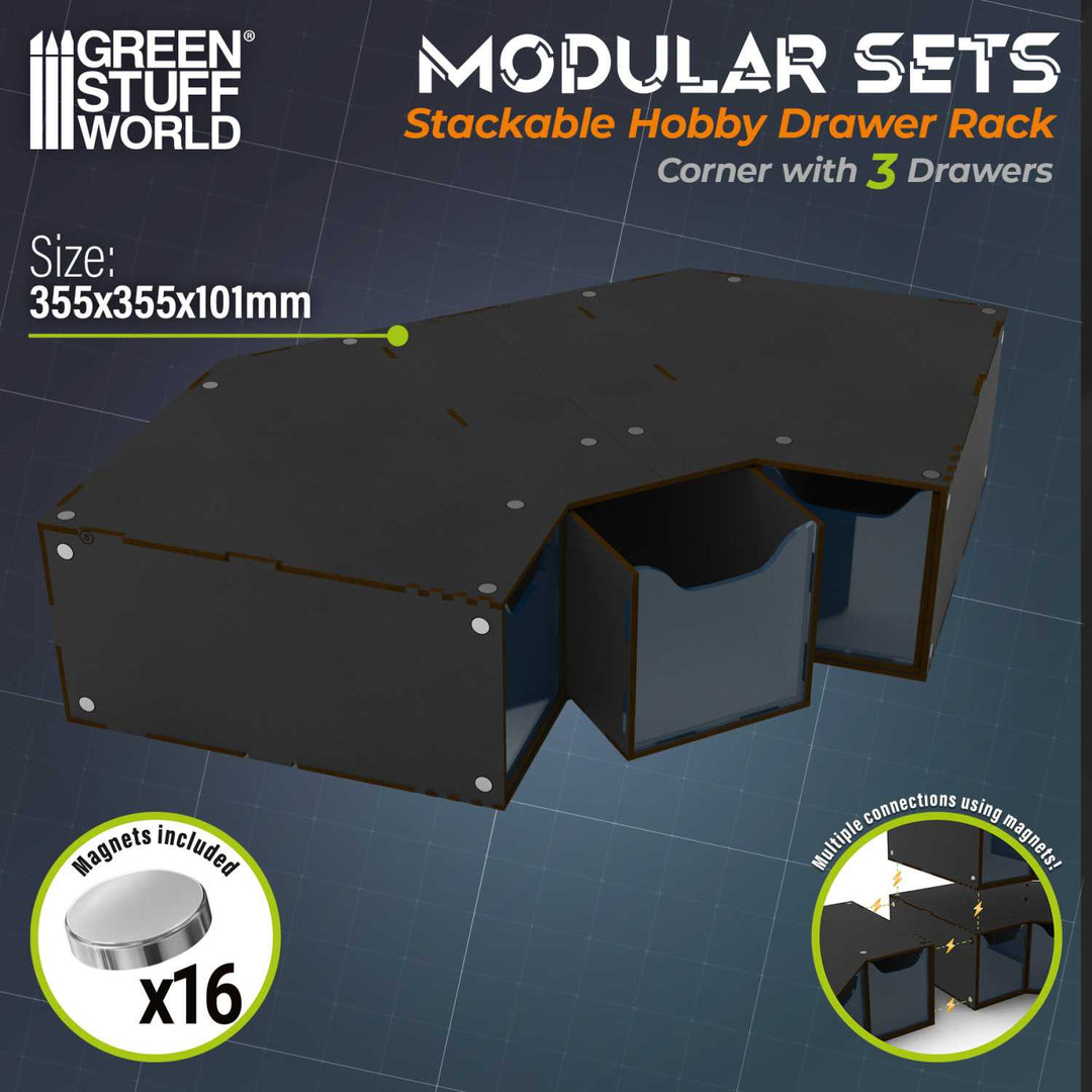 Stackable hobby corner drawer rack with 3 drawers - Black (Green Stuff World)