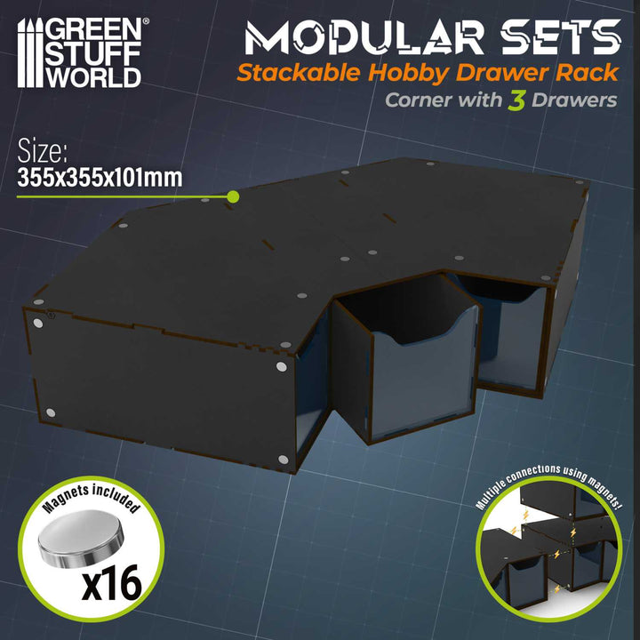 Stackable hobby corner drawer rack with 3 drawers - Black (Green Stuff World)