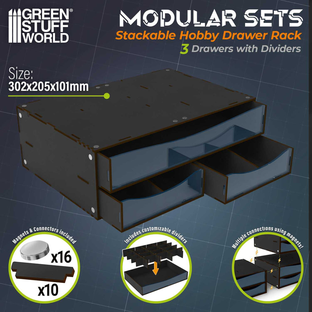 Stackable Hobby Drawer Rack with 3 horizontal drawers and dividers - Black (Green Stuff World)