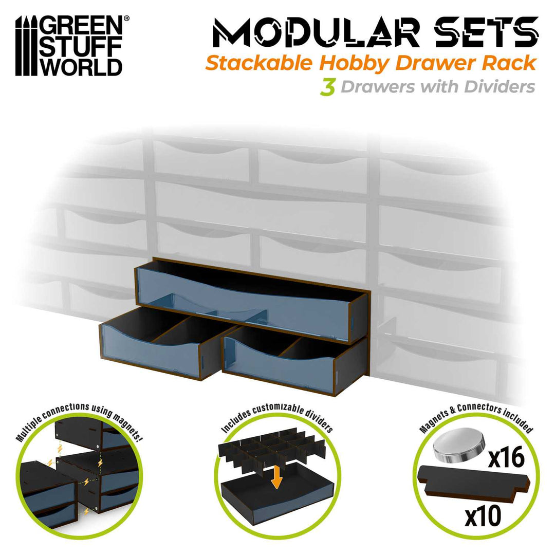 Stackable Hobby Drawer Rack with 3 horizontal drawers and dividers - Black (Green Stuff World)