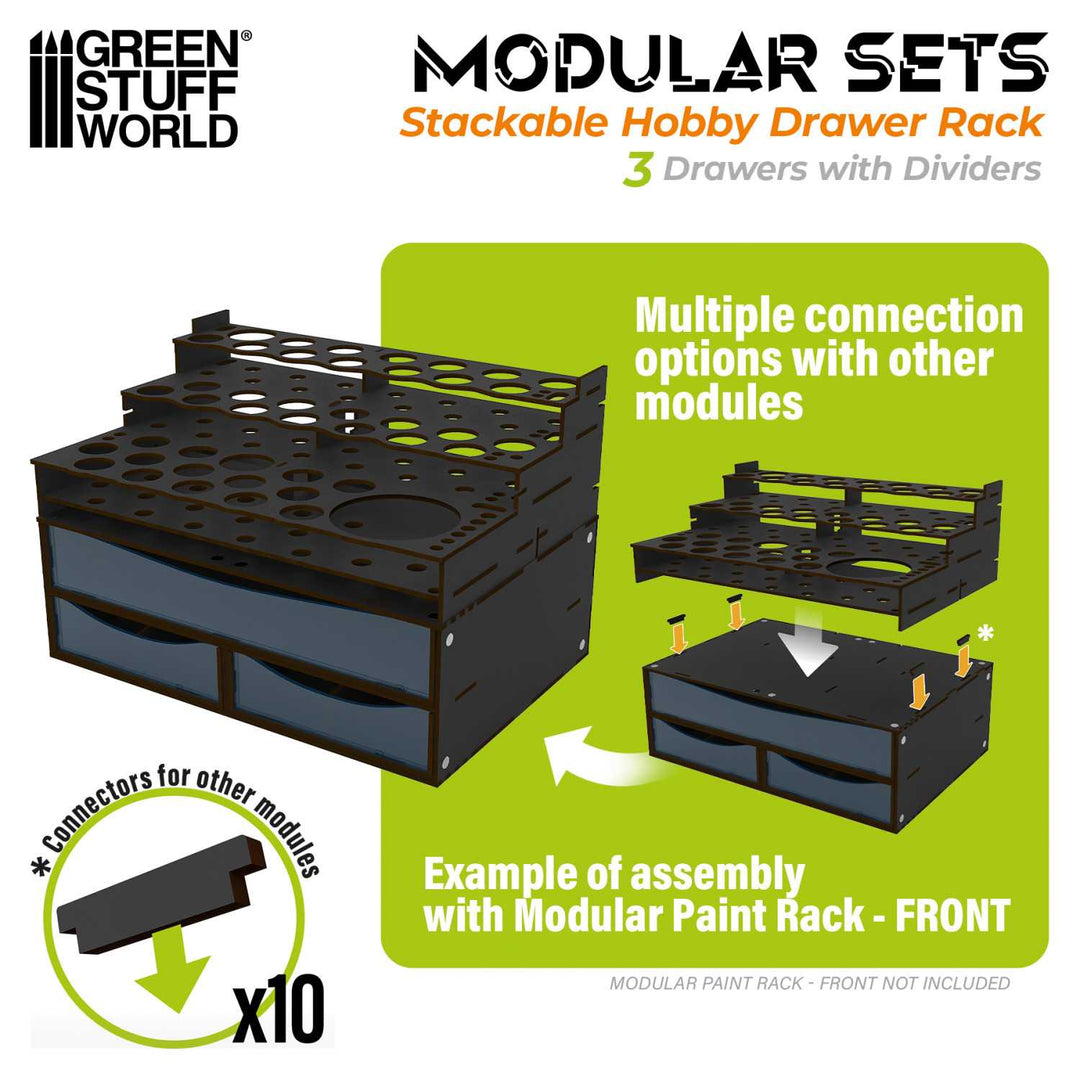 Stackable Hobby Drawer Rack with 3 horizontal drawers and dividers - Black (Green Stuff World)