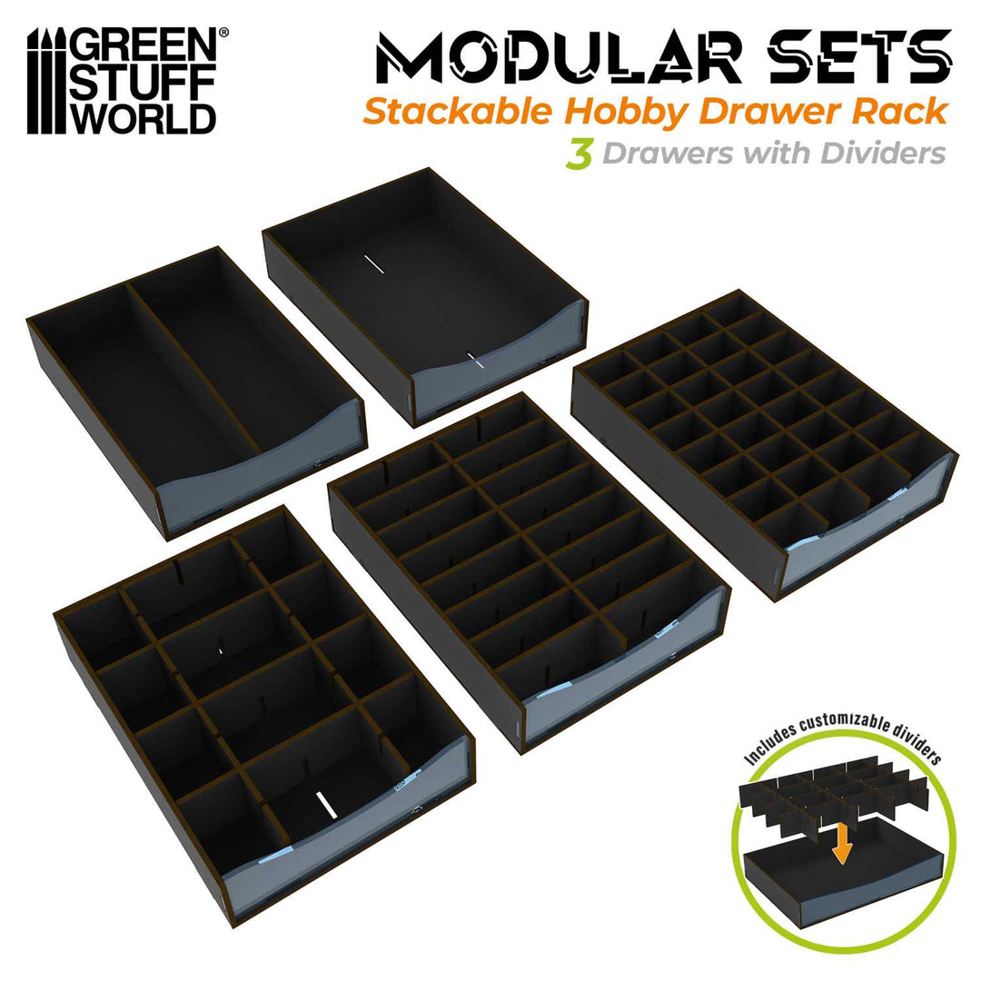 Stackable Hobby Drawer Rack with 3 horizontal drawers and dividers - Black (Green Stuff World)