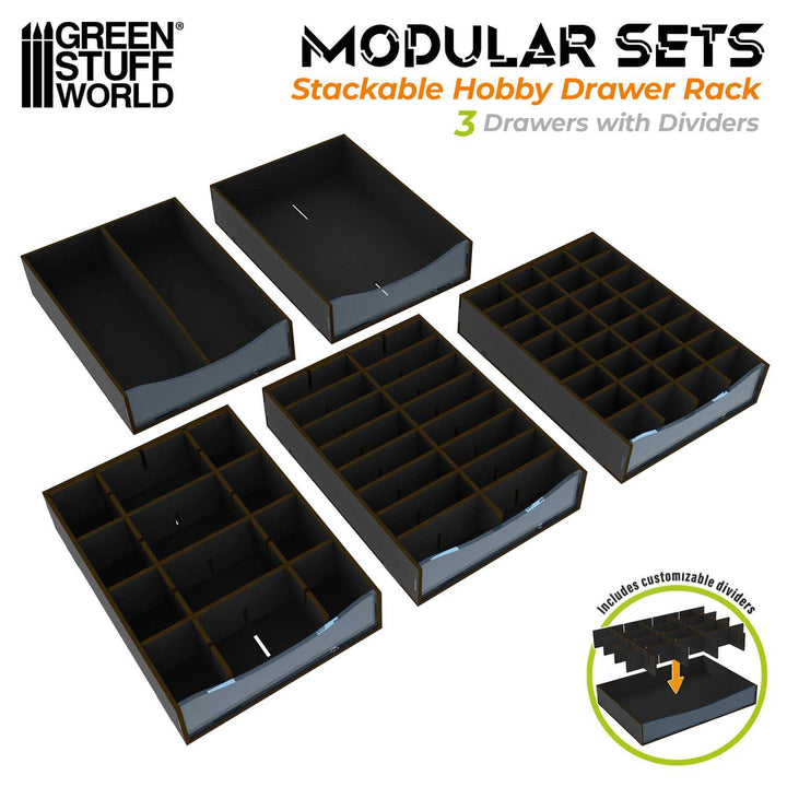 Stackable Hobby Drawer Rack with 3 horizontal drawers and dividers - Black (Green Stuff World)
