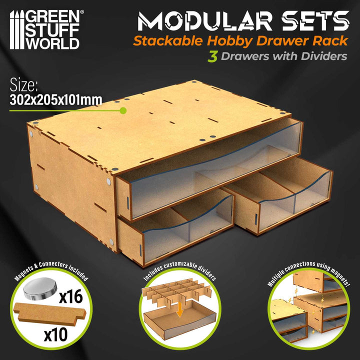 Stackable Hobby Drawer Rack with 3 horizontal drawers and dividers (Green Stuff World)