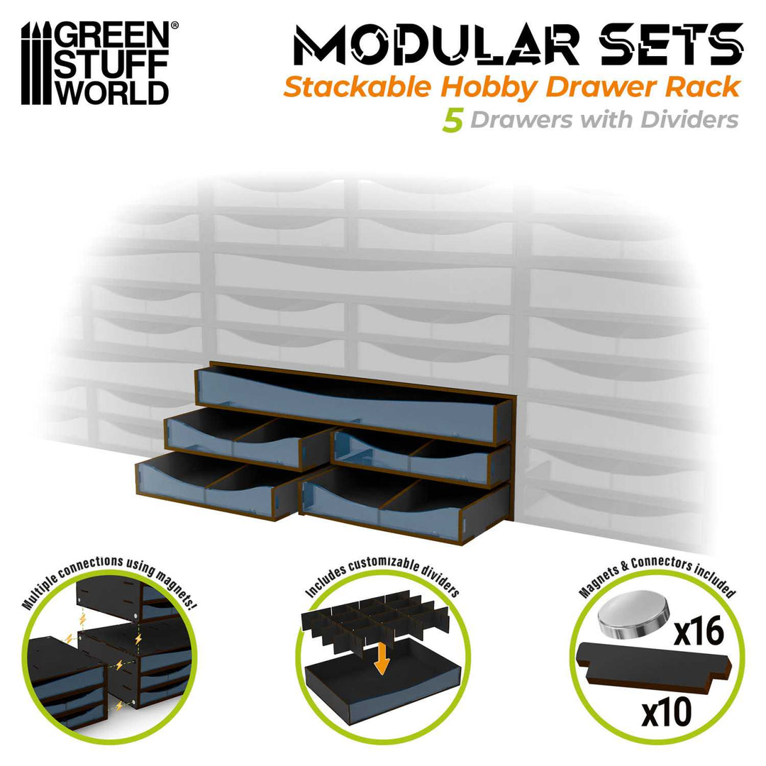 Stackable Hobby Drawer Rack with 5 horizontal drawers and dividers - Black (Green Stuff World)