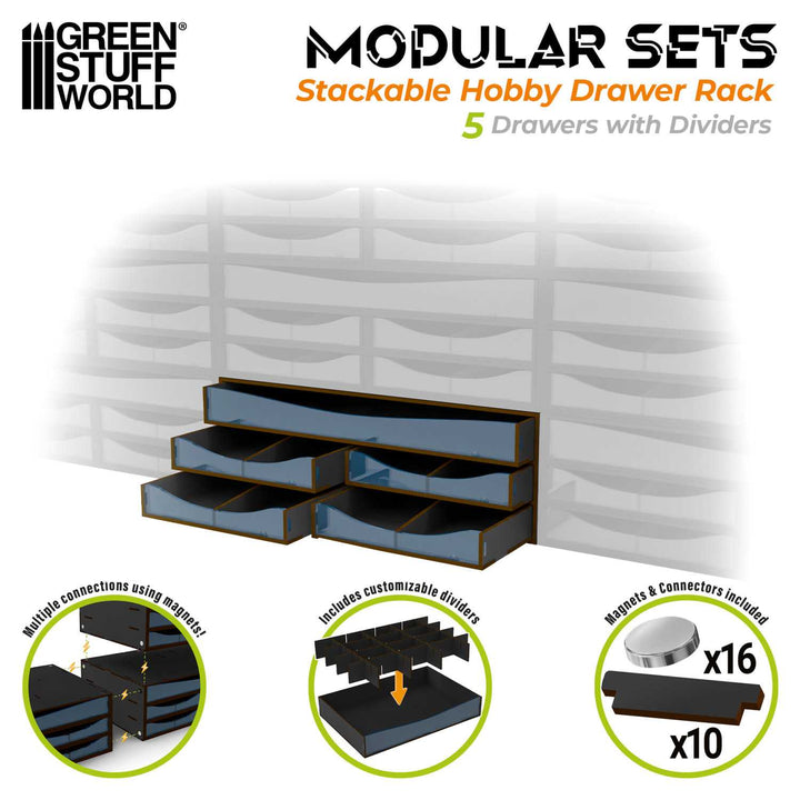 Stackable Hobby Drawer Rack with 5 horizontal drawers and dividers - Black (Green Stuff World)