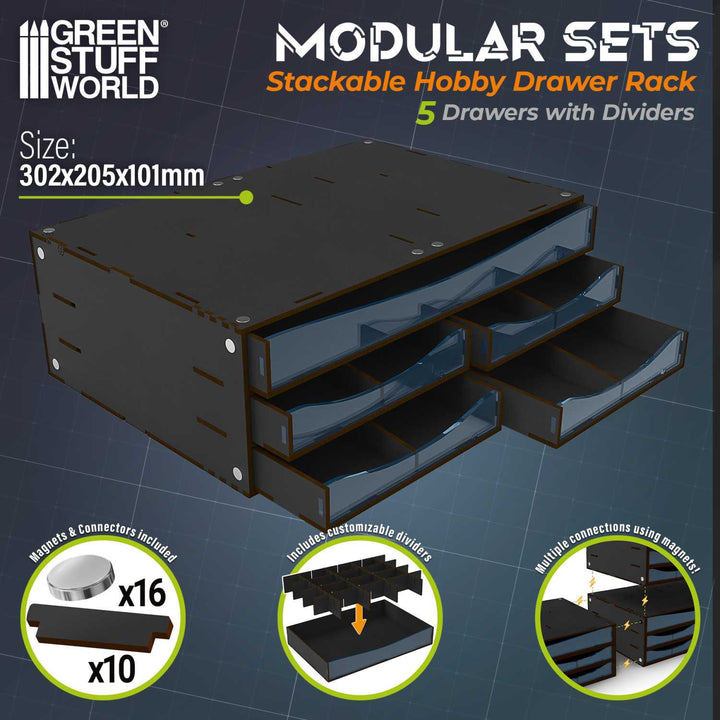 Stackable Hobby Drawer Rack with 5 horizontal drawers and dividers - Black (Green Stuff World)