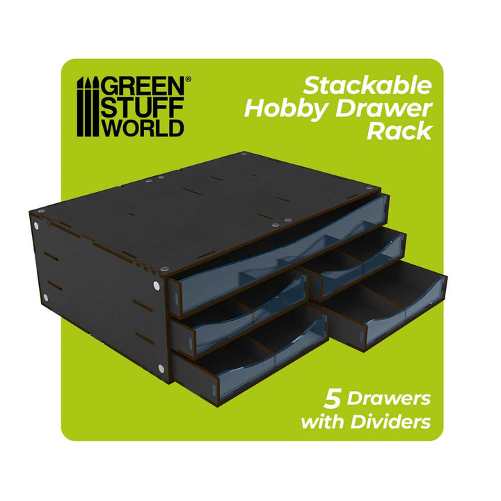 Stackable Hobby Drawer Rack with 5 horizontal drawers and dividers - Black (Green Stuff World)
