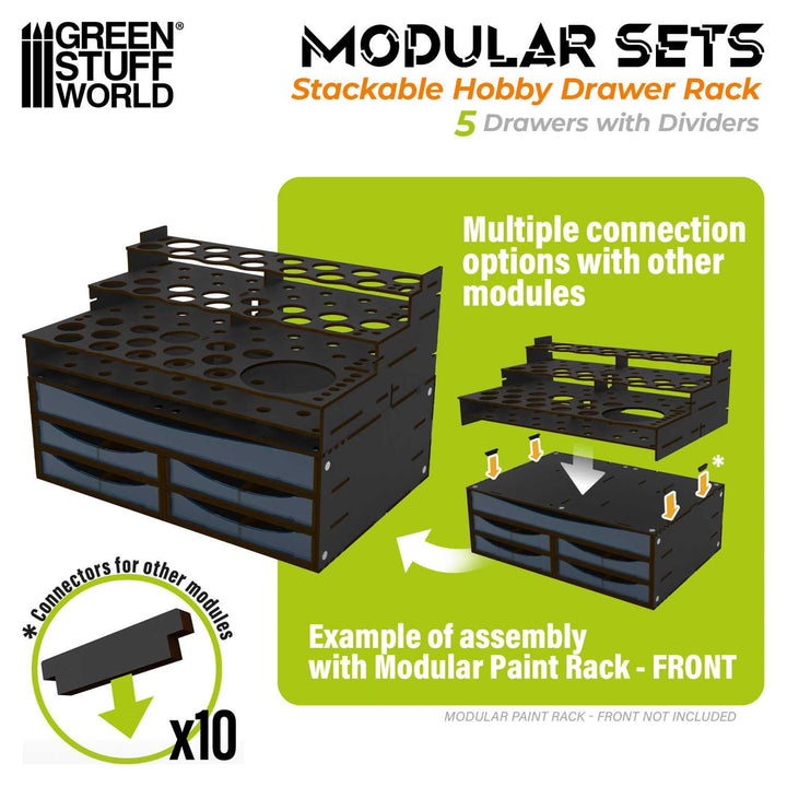 Stackable Hobby Drawer Rack with 5 horizontal drawers and dividers - Black (Green Stuff World)