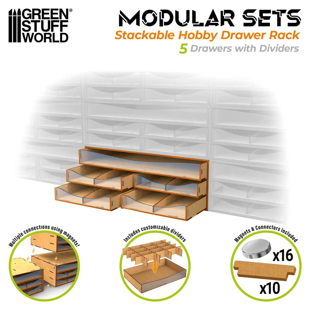 Stackable Hobby Drawer Rack with 5 horizontal drawers and dividers (Green Stuff World)