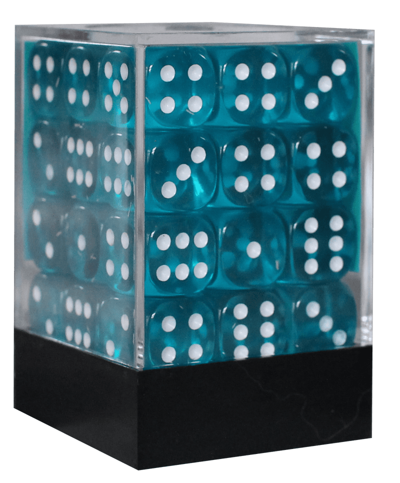 Translucent 12mm D6 blågrøn m/hvid terninger (Chessex) (23815)