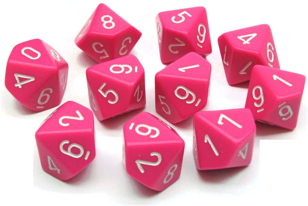 Opaque Pink/white Set of Ten d10's (Chessex) (25244)