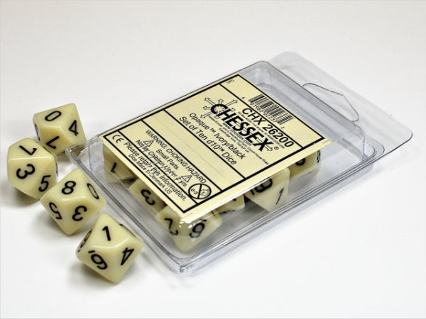 Opaque Ivory/black Set of Ten d10's (Chessex) (26200)