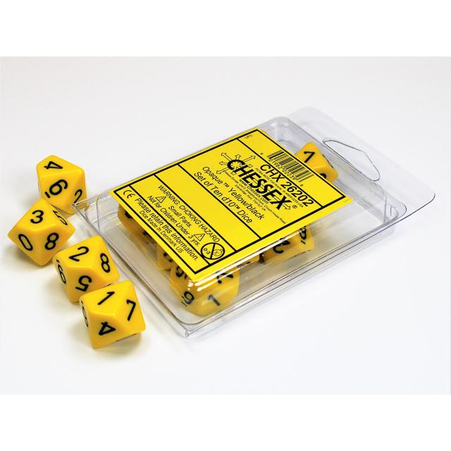 Opaque Yellow/black Set of Ten d10's (Chessex) (26202)