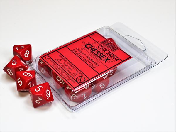 Opaque Red/white Set of Ten d10's (Chessex) (26204)