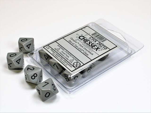 Opaque Dark Grey/black Set of Ten d10's (Chessex) (26210)