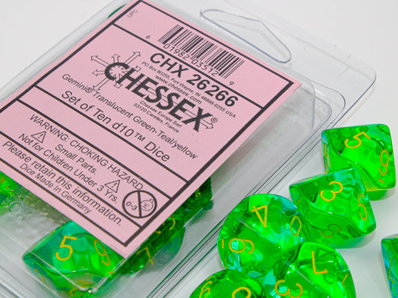 Gemini® Translucent Green-Teal/yellow Set of 10 d10s (Chessex) (26266)