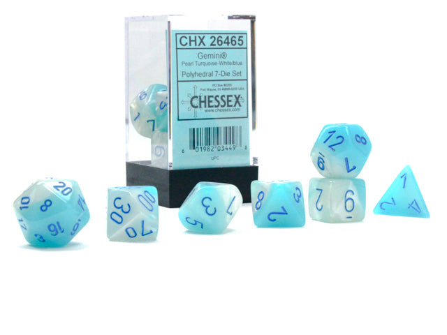 Gemini® Polyhedral Pearl Turquoise-White/blue Luminary™ 7-Die Set (Chessex) (26465)