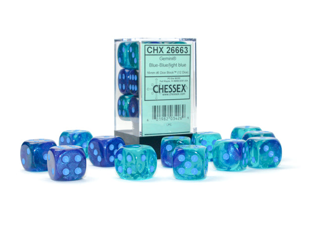 Gemini® 16mm d6 Blue-Blue/light blue Luminary™ Dice Block™ (12 dice) (Chessex) (26663)