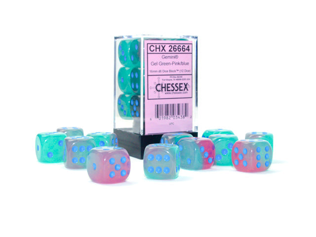 Gemini® 16mm d6 Gel Green-Pink/blue Luminary™ Dice Block™ (12 dice) (Chessex) (26664)