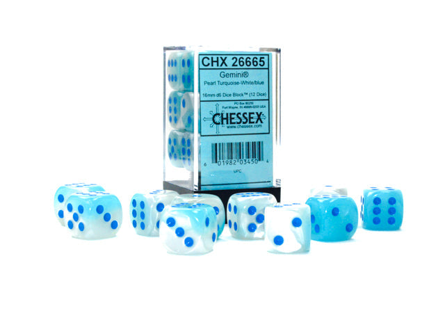 Gemini® 16mm d6 Pearl Turquoise-White/blue Luminary™ Dice Block™ (12 dice) (Chessex) (26665)