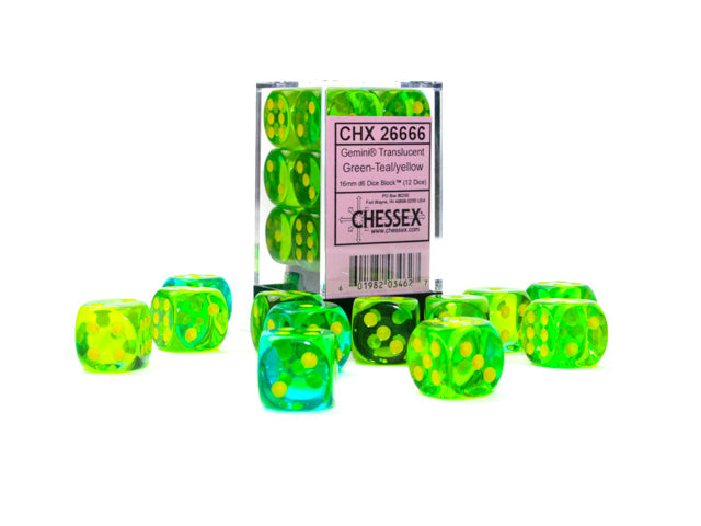 Gemini® 16mm d6 Translucent Green-Teal/yellow Dice Block™ (12 dice) (Chessex) (26666)