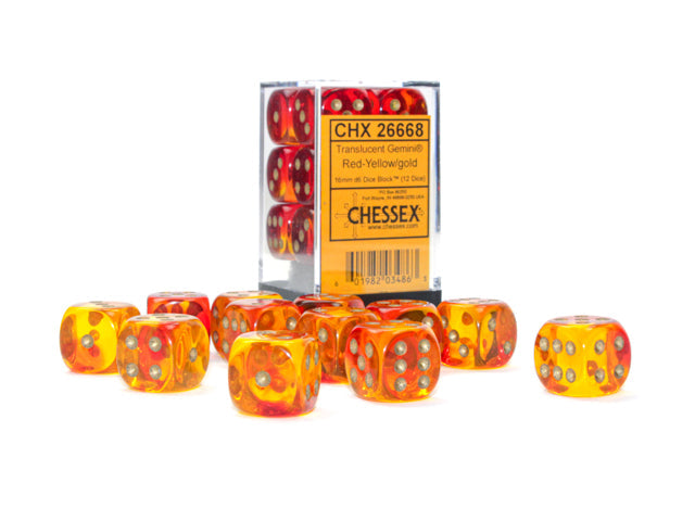 Gemini® 16mm d6 Translucent Red-Yellow/gold Dice Block™ (12 dice) (Chessex) (26668)