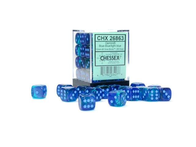 Gemini® 12mm d6 Blue-Blue/light blue Luminary™ Dice Block™ (36 dice) (Chessex) (26863)