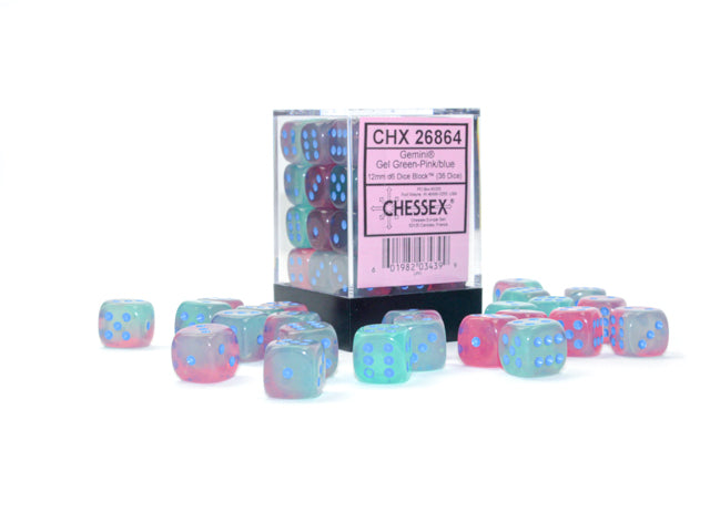 Gemini® 12mm d6 Gel Green-Pink/blue Luminary™ Dice Block™ (36 dice) (Chessex) (26864)