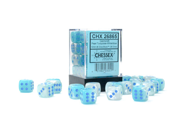 Gemini® 12mm d6 Pearl Turquoise-White/blue Luminary™ Dice Block™ (36 dice) (Chessex) (26865)